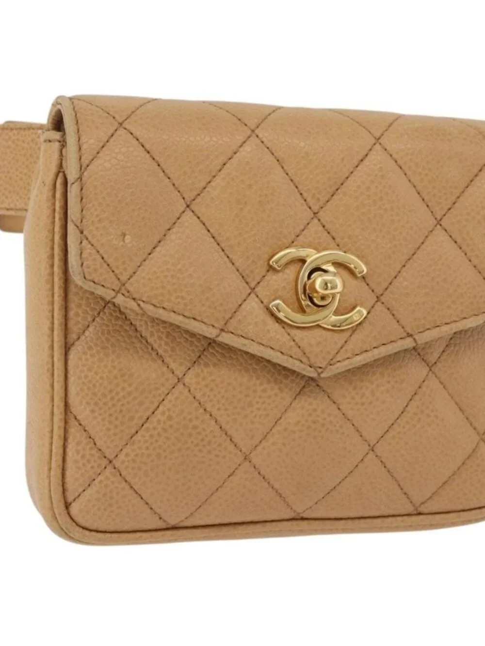 CHANEL Matelasse Waist Bag Grained Calf Skin Beige Gold CC Auth BA12986V